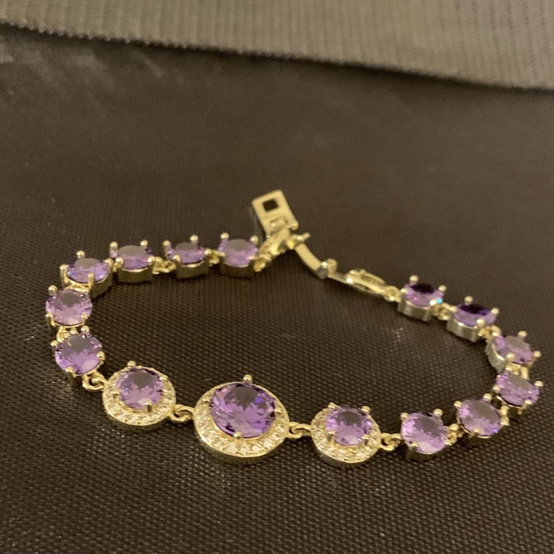 Silver Tone Tennis Bracelet Purple Round Stone Prong Set Box Closure