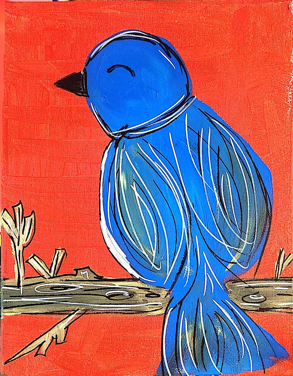 Bluebird On Branch Colorful Neo Expressionist Original Wall Art 11x14 Canvas...