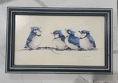 Valerie Pfeiffer Signed Art Print  Jays  Vancouver Artist Birds Framed 11 x 7''