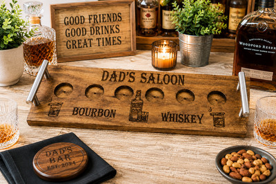 Personalized Pine Wood Shot Glass & Bourbon Whiskey Flight Boards