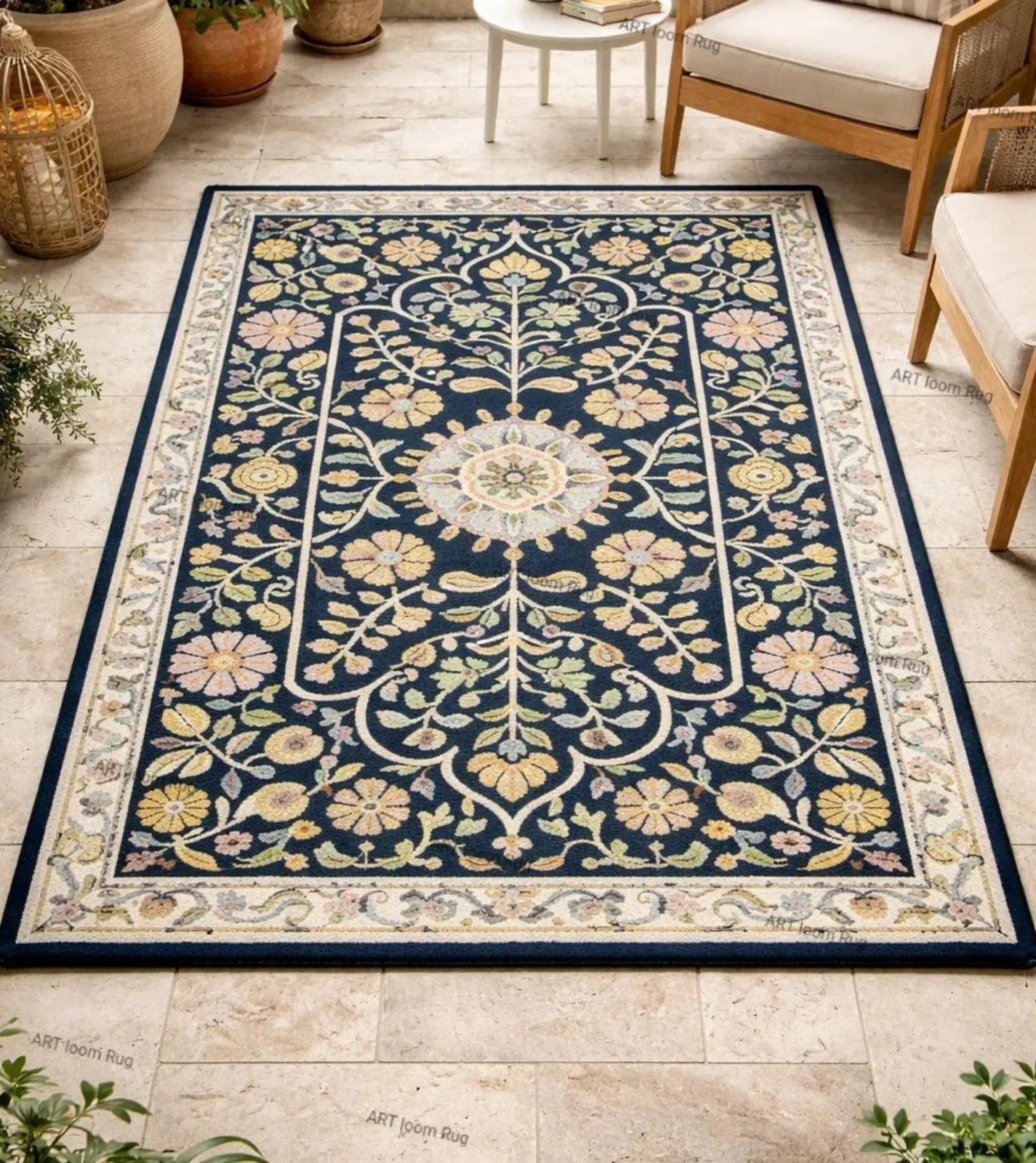 Hand Tufted Wool Rug - Navy Blue Floral Medallion Area Rug - Traditional Living
