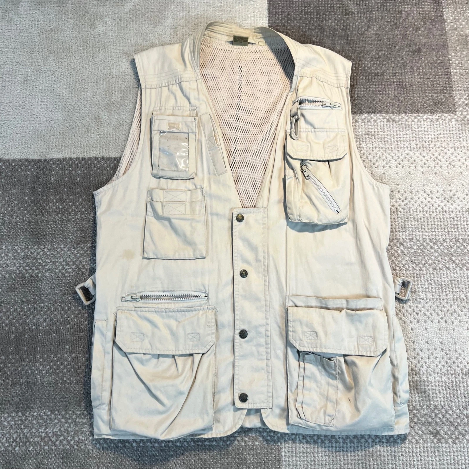 Vintage Kodak Men's Tan Cotton Utility Fishing Vest Multi-Pocket Mesh Back Large