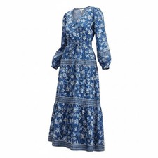 LOFT Tiered Midi Dress Womens L Blue Floral V-Neck Smocked Waist Cottage Prairie