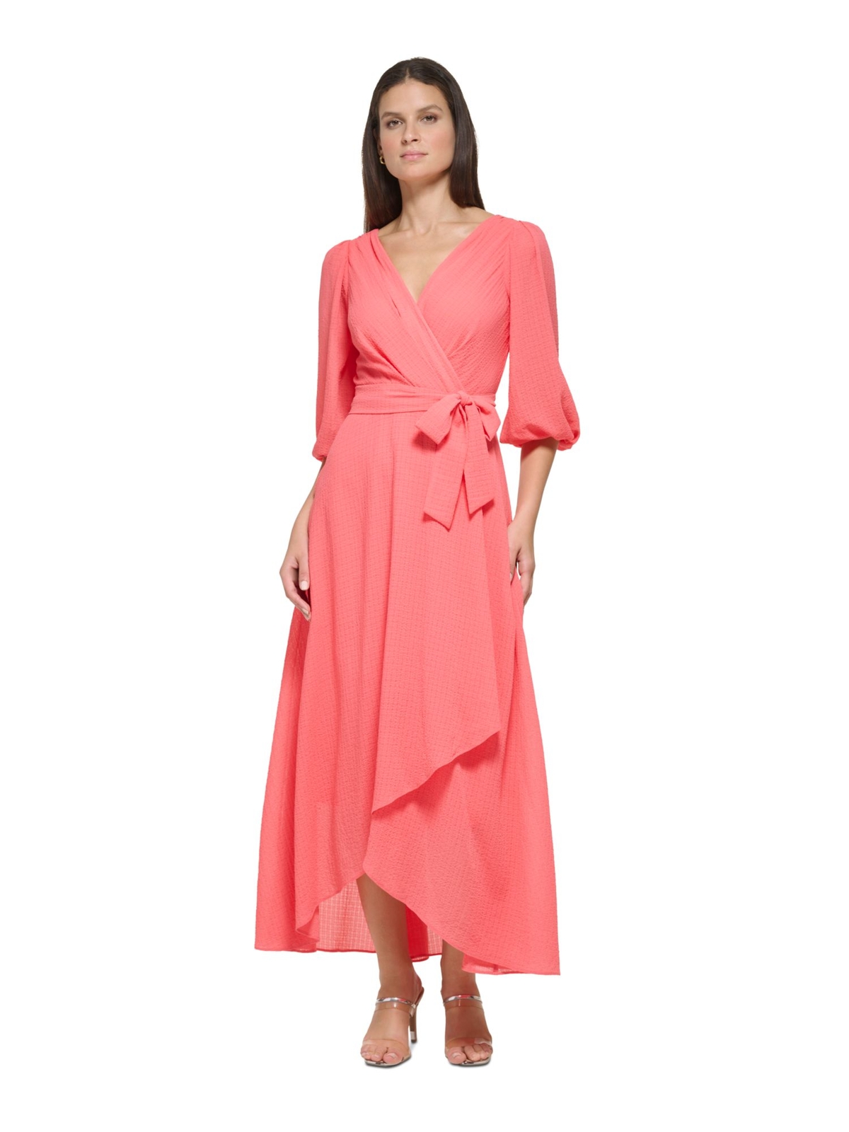 Женское макси-платье с искусственным запахом и рукавом-баллоном на коралловой подкладке DKNY 6