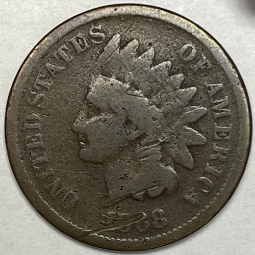1868 Indian Head Cent Very Good VG Coin, Scratch #11886