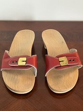 Dr Scholls Red Leather Sandals Sz 6 Womens Wood Slip On Shoes Vtg 70s 80s Italy