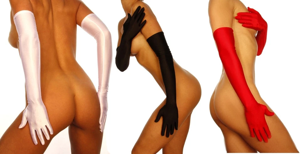 Edel + SeXy DAMEN Satin Handschuhe Ultralang Stulpen Weiß / Schwarz / Rot