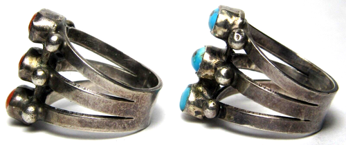 PAIR Navajo Old Pawn 3 STONE ROW Coral Turquoise Silver Native American RINGS s4 - Picture 12 of 24