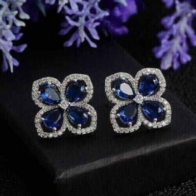 Lovely Stud Earrings 2.50Ct Pear Cut Simulated Sapphire In 14k White Gold Plated