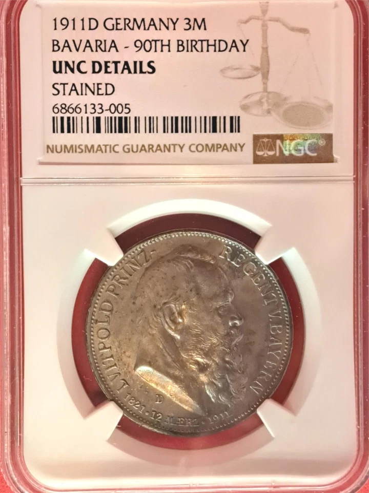 1911-D Germany 3 Marks – Bavaria – NGC UNC Details – Luitpold 90th Birthda (4.3) - Image 2 of 2