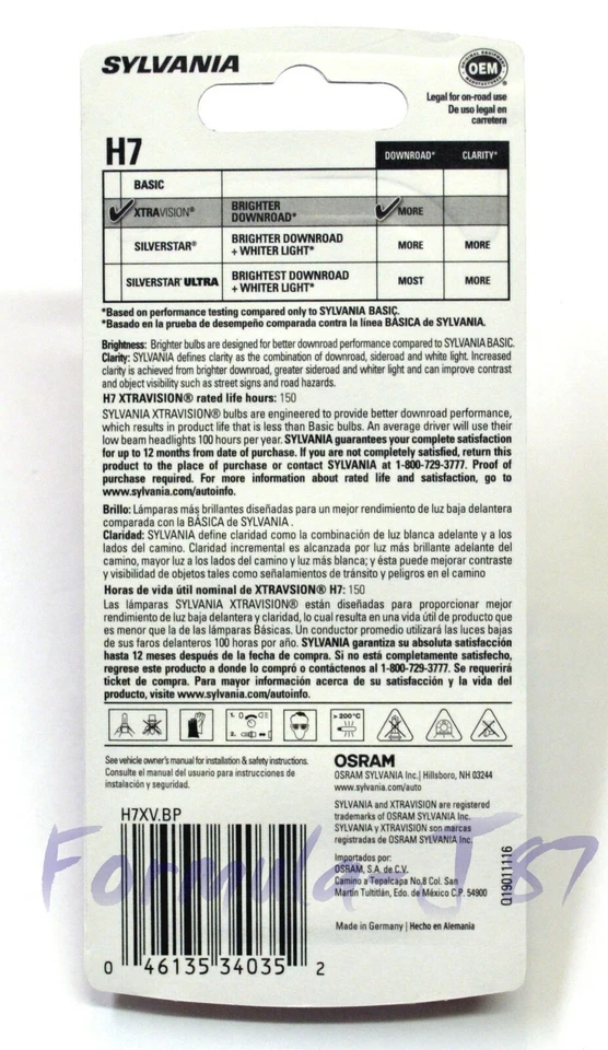 Sylvania Xtra Vision H7 55W Una Bombilla Cabeza Luz Haz Bajo Reemplazar Plug Play Lámpara Foto 3 de 4