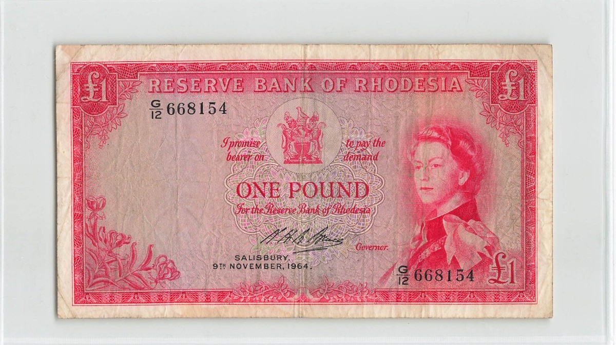 美品　南ローデシア　1964年　エリザベス女王　1ポンド　P-25a RHODESIA 1 Pound 1964, P-25a, 9.11.64, G/12 668154, Pretty Type
