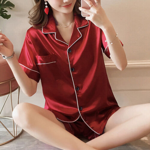 Women Satin Silk Pyjamas PJs Set Ladies Short Sleeve Button Nightwear Sleepwear - Picture 14 of 27