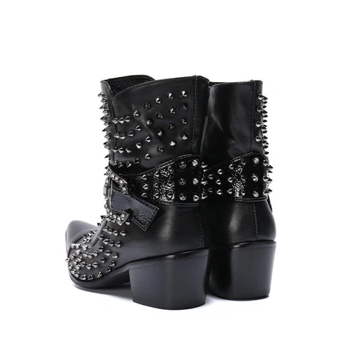 Herren Leder Stiefeletten Motorrad Stiefel Mit Nieten Westernstiefel Punk Biker - Bild 10 von 12