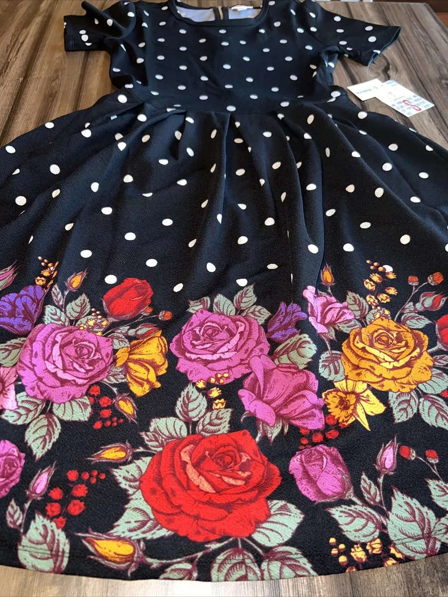 NEW LuLaRoe Black/White Polka Dot Amelia Dress HTF 🦄🌹 Roses Dip Small 6/8  4/6