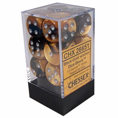 Chessex D6 Cube Gemini Set Of 12 Dice 16mm Black Gold with Silver CHX 26651