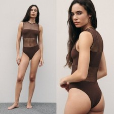 NWT New Zara Brown Seamless Mesh Bodysuit Size M/L