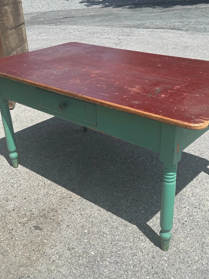 古董原始农场收获酒吧桌绿色油漆美国 19 世纪 40 年代乡村 — 第 4/4 张图片