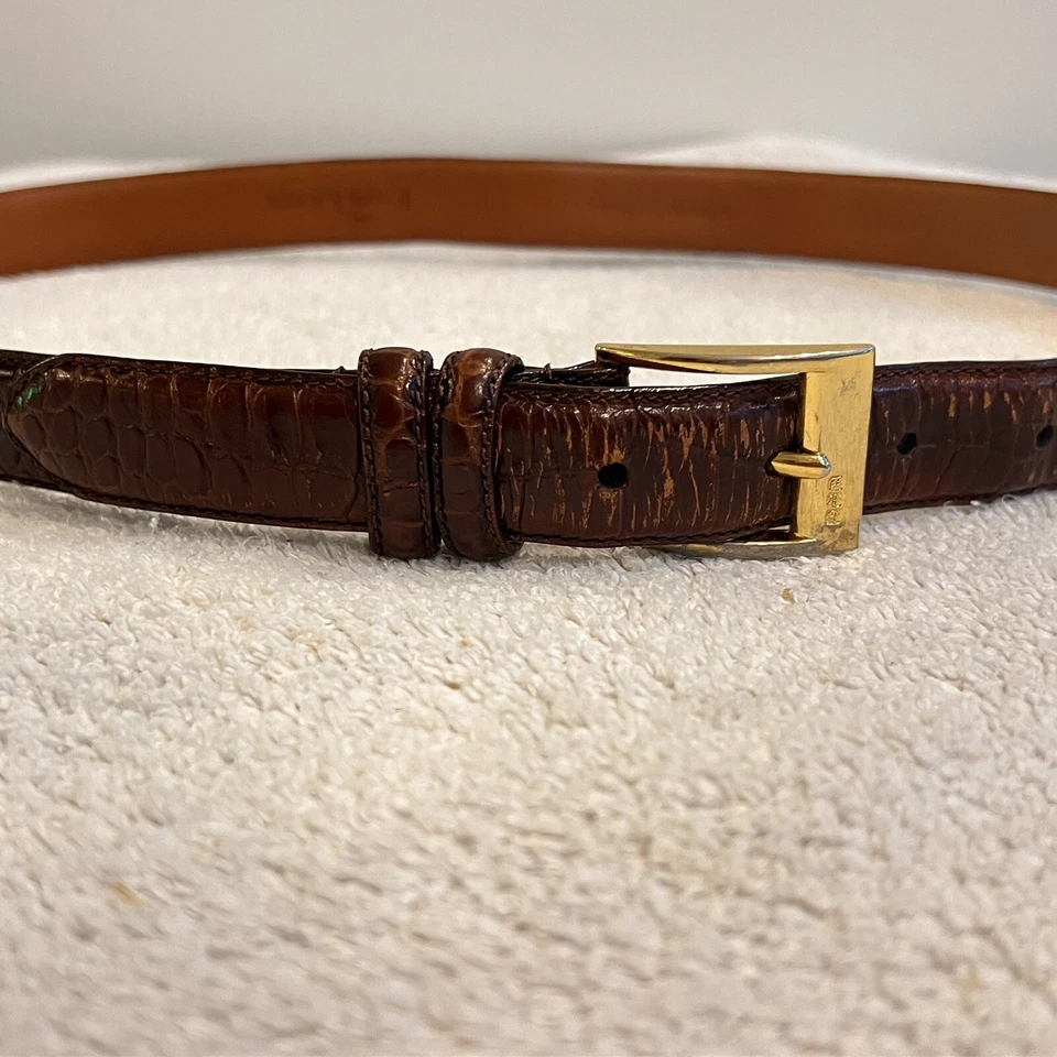 Ralph Lauren Brown Leather Belt Boys L Gold Buckle Church Uniform Animal Print - Image 2 of 4