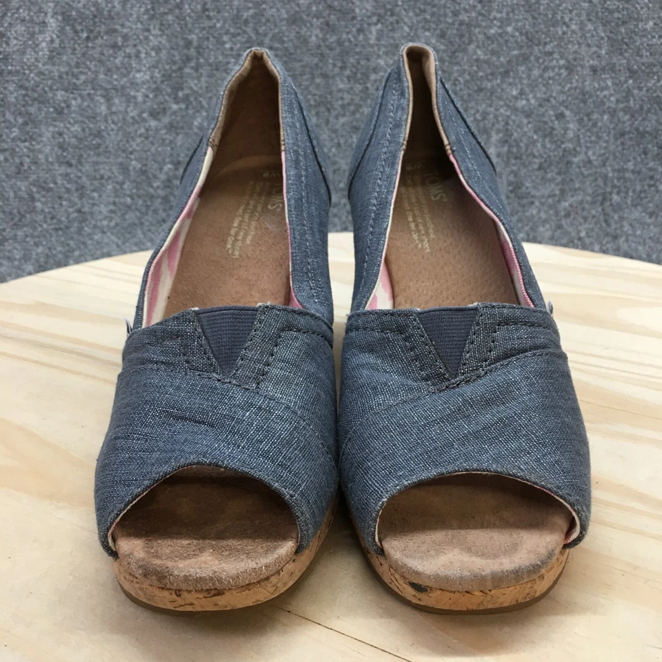 Zapatos de tacón TOMS para mujer 9 informales sin cordones punta abierta corcho cuña 381212 tela azul Foto 4 de 4