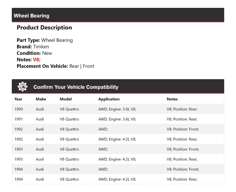 For 1990-1994 Audi V8 Quattro AWD Wheel Bearing Timken 1991 1992 1993 - Image 2 of 4