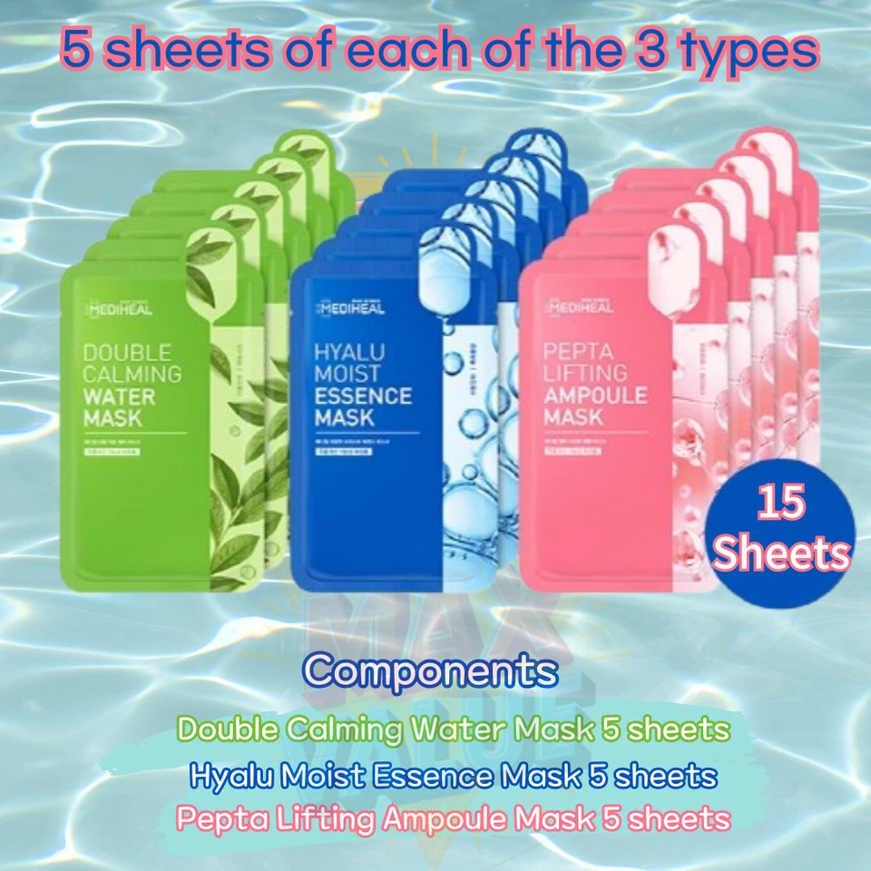 K-Beauty Sheet Mask/MEDIHEAL Sheet Mask Set [15EA] Hydrating, Lifting & Soothing - Image 2 of 4