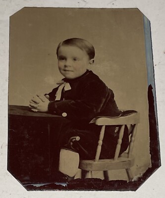 Vintage Tintype Little Boy Sittin in Kids Wood Chair/Folded Hands/Let s Eat Look