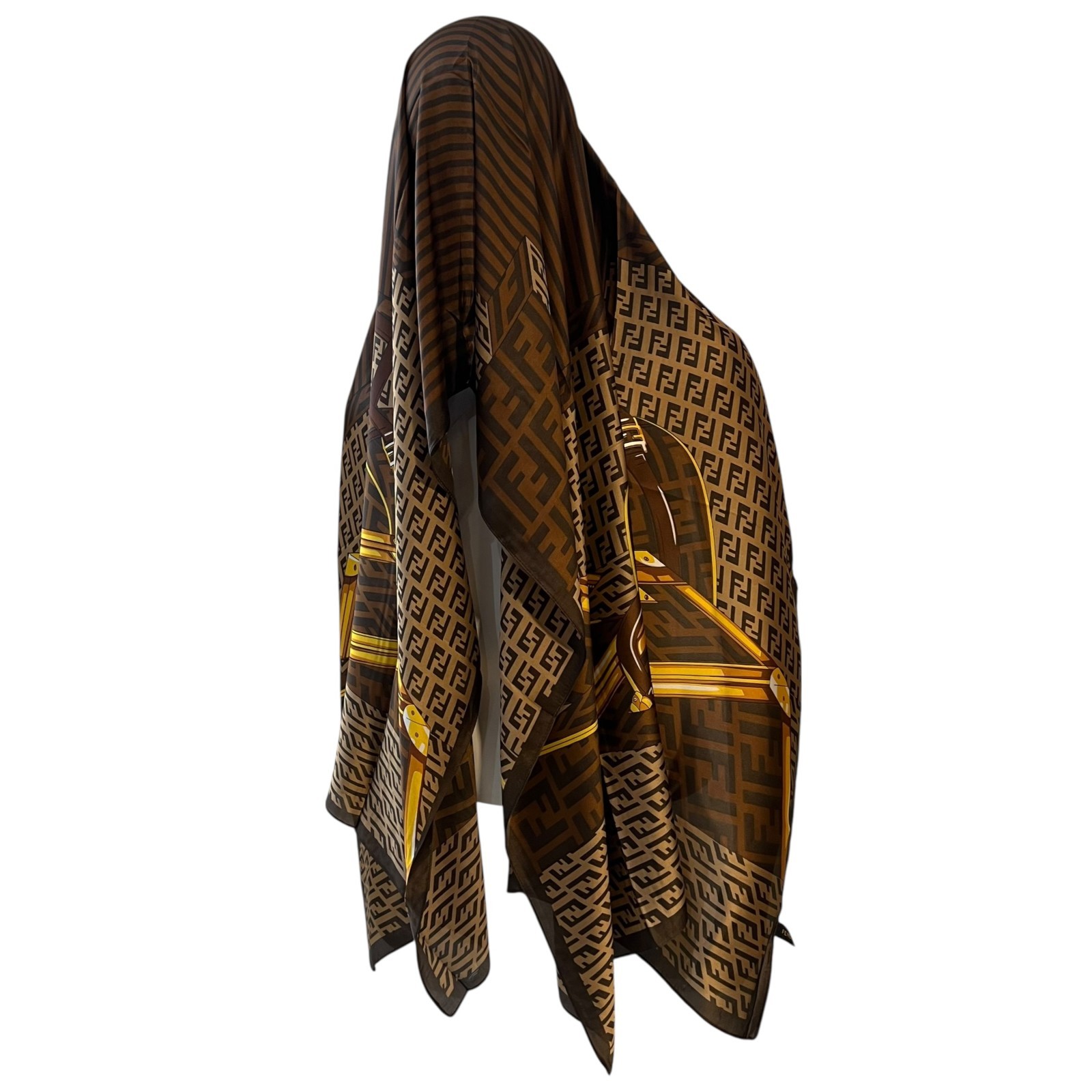 Fendi FF Monogram Silk Scarf Vintage Luggage Print Brown Gold Made in Italy Auth thumbnail 8