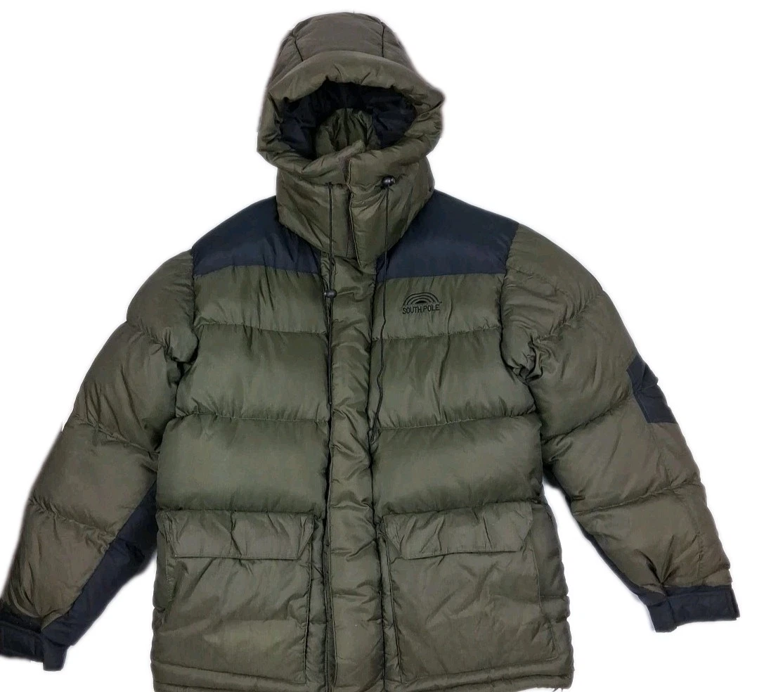 Vtg Men Bubble Puffer Jacket L Olive Green Hooded Coat Duck Down Y2K Streetwear