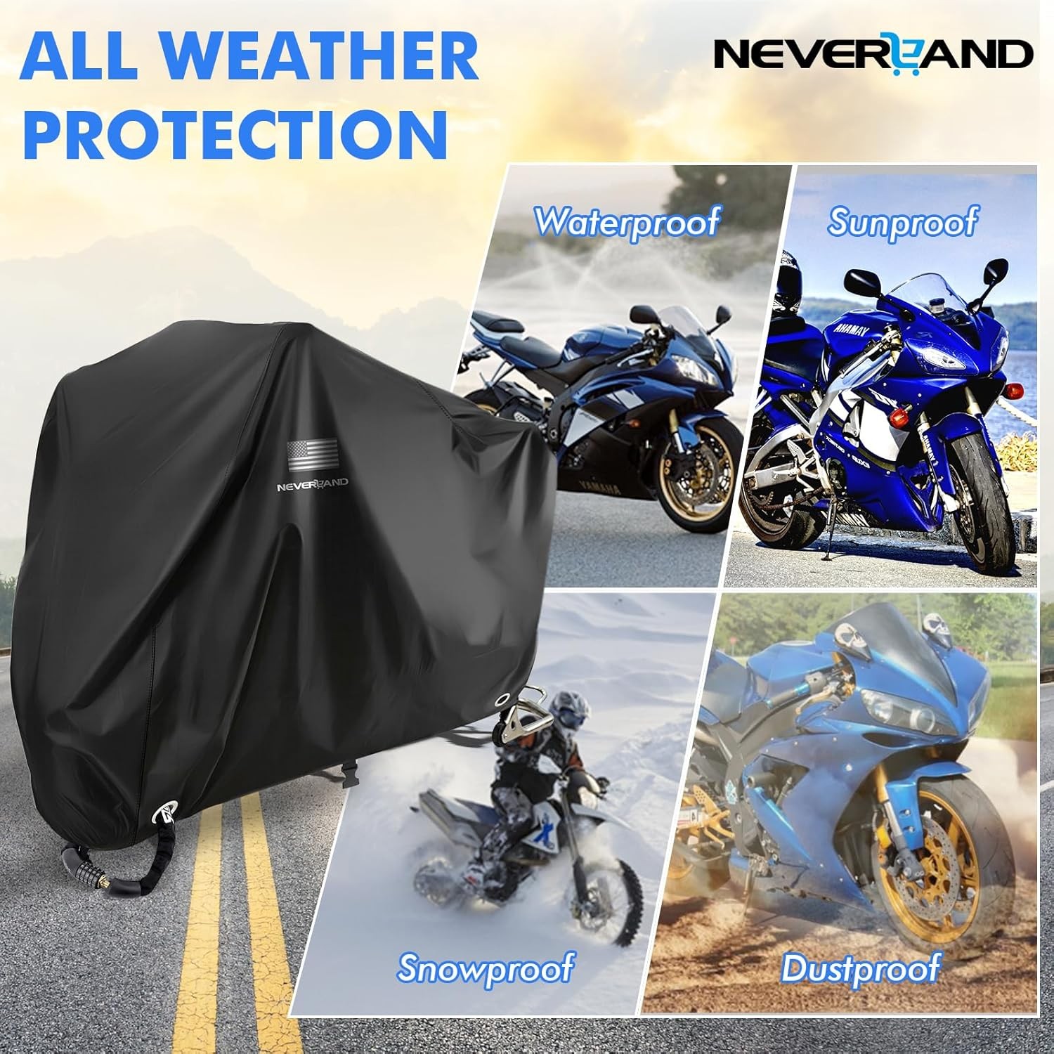 NEVERLAND Motorcycle Cover Waterproof Outdoor XXL ( 105*42*50 inches ), black 