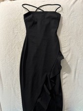 Windsor Women’s Black Solid Midi Dress Square Neck Strappy Ruffle slit XS