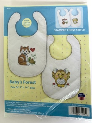 Design Works Stamped Cross Stitch Kit BABY'S FOREST BIBS Make Two 9'' x 14'' Bibs