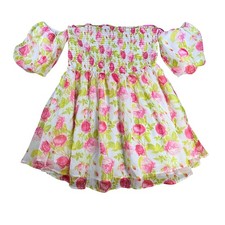 Betsey Johnson Womens Dress Smocked Puff Sleeve L Pink Floral Polyester