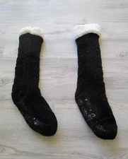 Womens Lined Socks Knee Hi Non Slip black w/white sherpa lining NWOT comfy