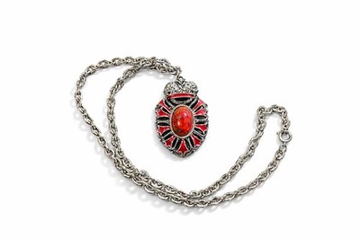 Vintage 70s STAR Red Mosaic Glass & Enamel Crown Crest Necklace 20 Inch