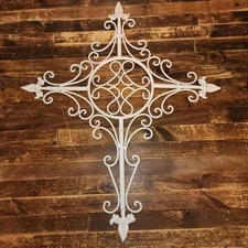 Decorative Large Wall Cross Metal Hanging Decor Off White Cream Color 26" x 21"
