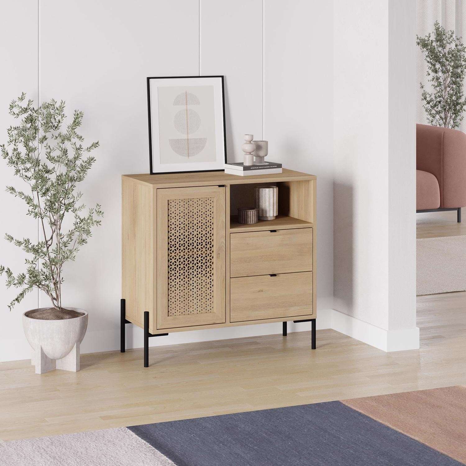 FWStyle Naïve Single Door 2 Drawer Oak Storage Unit - Sapphire Oak Finish - Laser Cut Pattern - Image 2