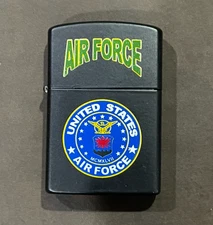 United States Air Force Flint Wheel Lighter Matte Black Metal Case w/ USAF Seal