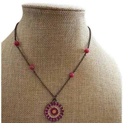Pink Enamel Flower Pendant Necklace Antique Brass Tone Boho Bead  Whimsical