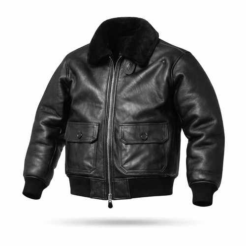 Men’s Black Leather Bomber Jacket Aviator Flight Shearling Collar Vintage Style - Image 1