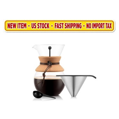 Bodum Pour Over Glass Coffee Maker 34oz 8 Cup Stainless Steel Filter NEW