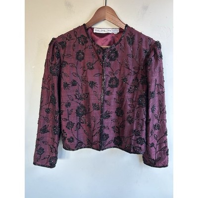 Vintage Scala Beaded Sequin Jacket Womens Petite Small Silk Black Purple Evening