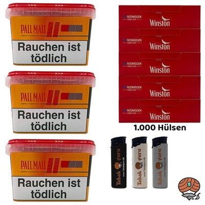 Pall Mall Allround Volumentabak Mega Box 3x 145g, Winston Hülsen, Feuerzeuge