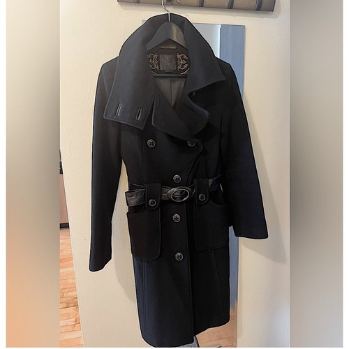 Mackage Black Wool Blend Belted Trench Coat Leather Trim Long Jacket Small P/S