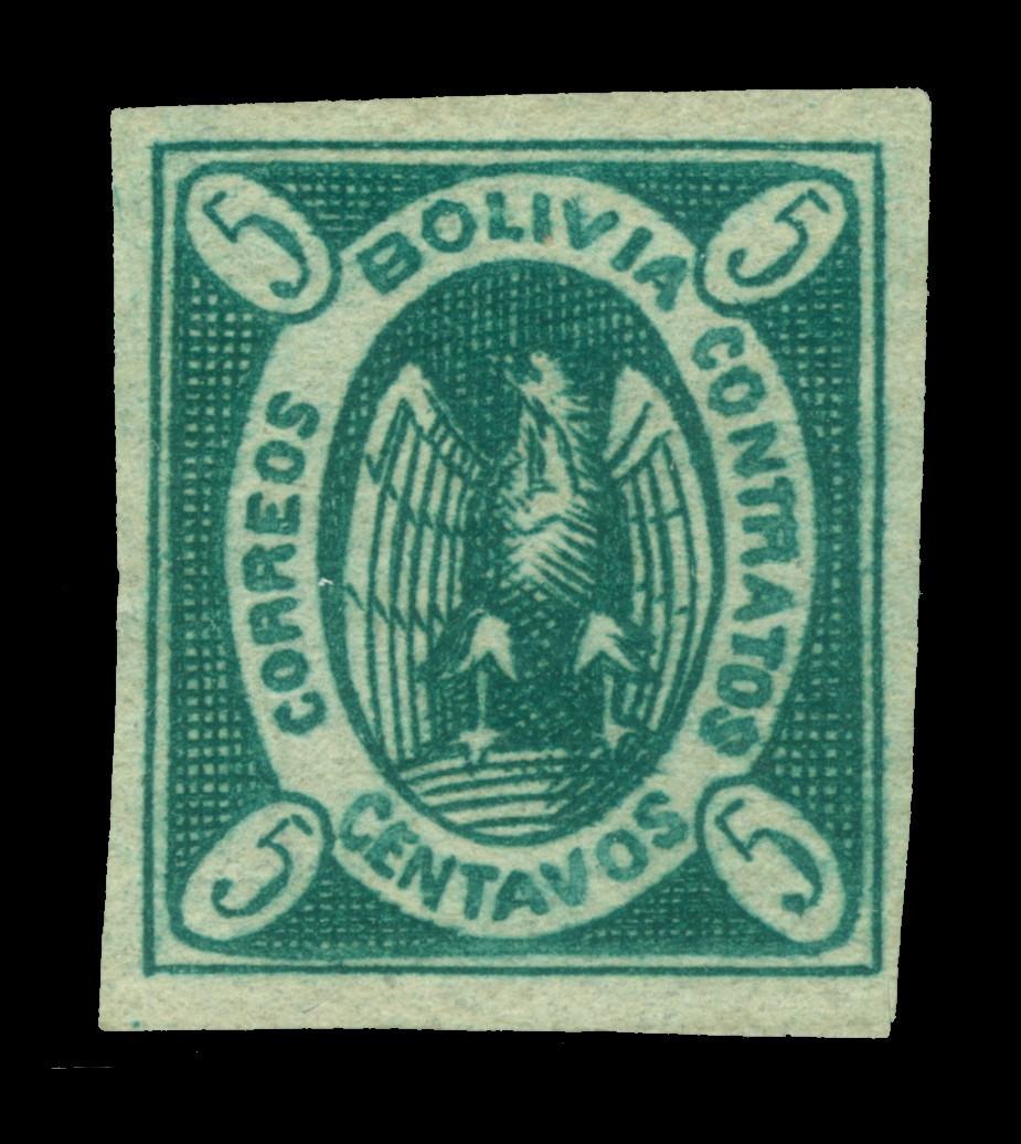 BOLIVIA 1867 CONDOR  5c blue green, thin paper Scott # 1a mint VF