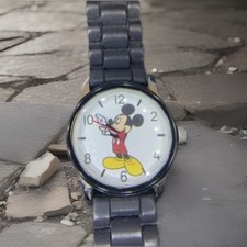 Disney Silver Tone Mickey Mouse Ladie s Watch Silicone Black Band Case Mck861