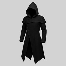 Men s Gothic Wool Trench Coat Hooded Tail Black Jacket Steampunk Cosplay Costume