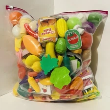 Large Mixed Play Food Lot 100+ Pieces Fruits Veggies Cans Boxes Kitchen Toy