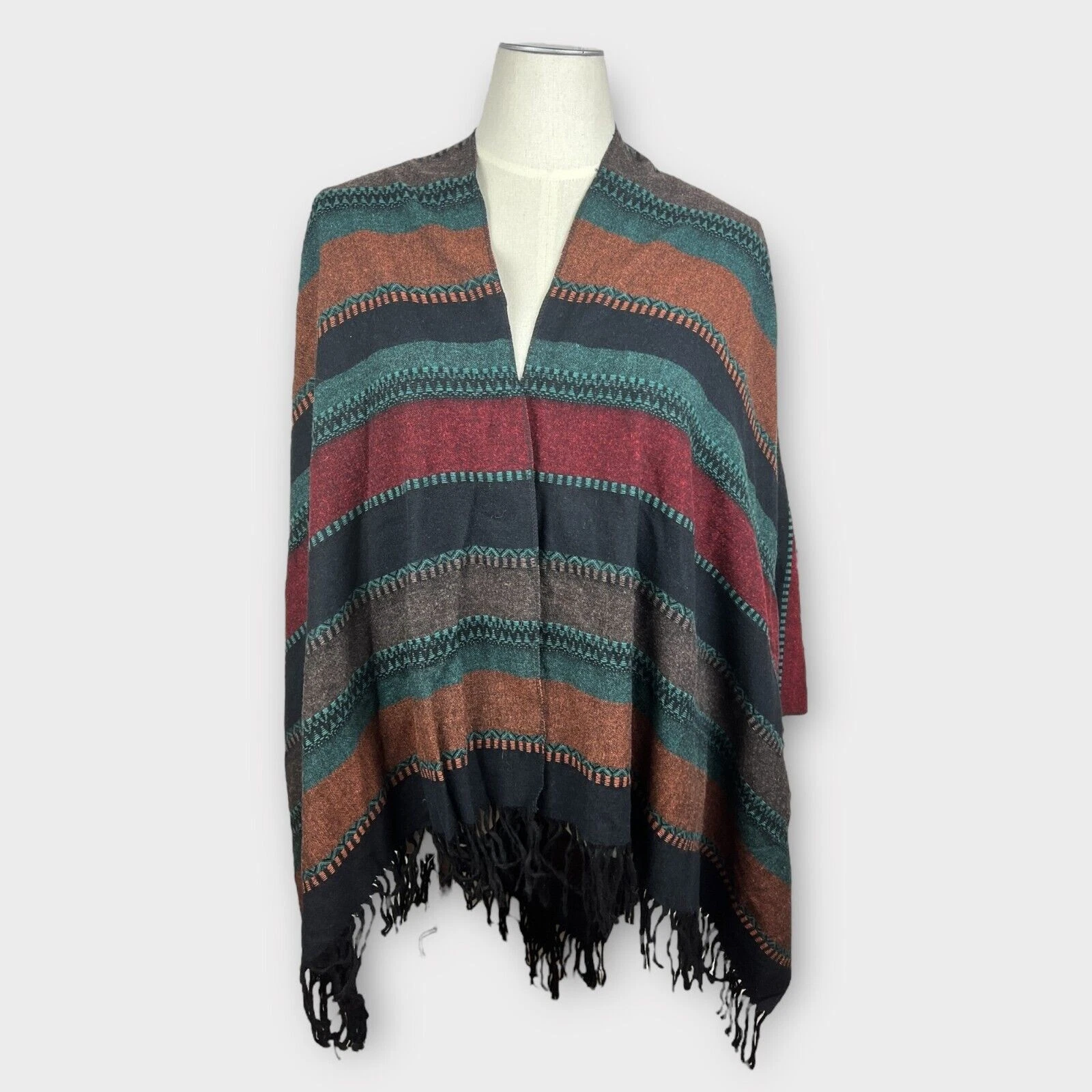 Boho ASOS Striped Fringe Wool Blend Poncho Shawl OS Multi-Color