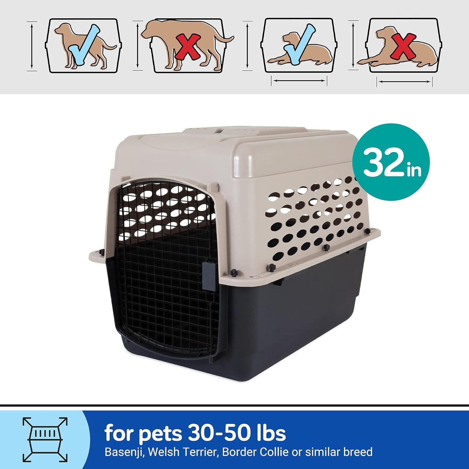 32" Portable Plastic Dog Crate Dog Kennel for Pets Cat 3050 lbs Taupe